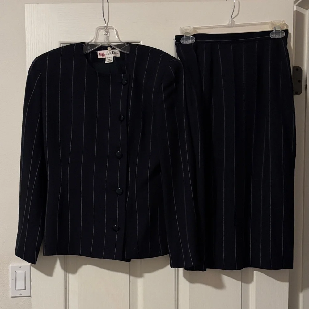 Vintage Christian Dior Black & Gray Pinstripe Skirt Suit Set Sz 4